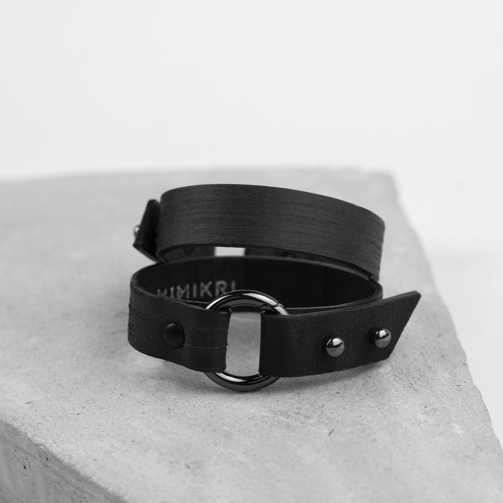 Genuine leather black bracelet with ring, women's cuff minimal bracelet-bangles, black, black leather, Bracelet, cuff, designer, designer jewelry, geometric, goth, Jewelry, leather bracelet, leather jewelry, minimal, minimalist, o ring, punk, recycled, scratched, simple, slim cuff, thin bracelet, wrap-Mimikri