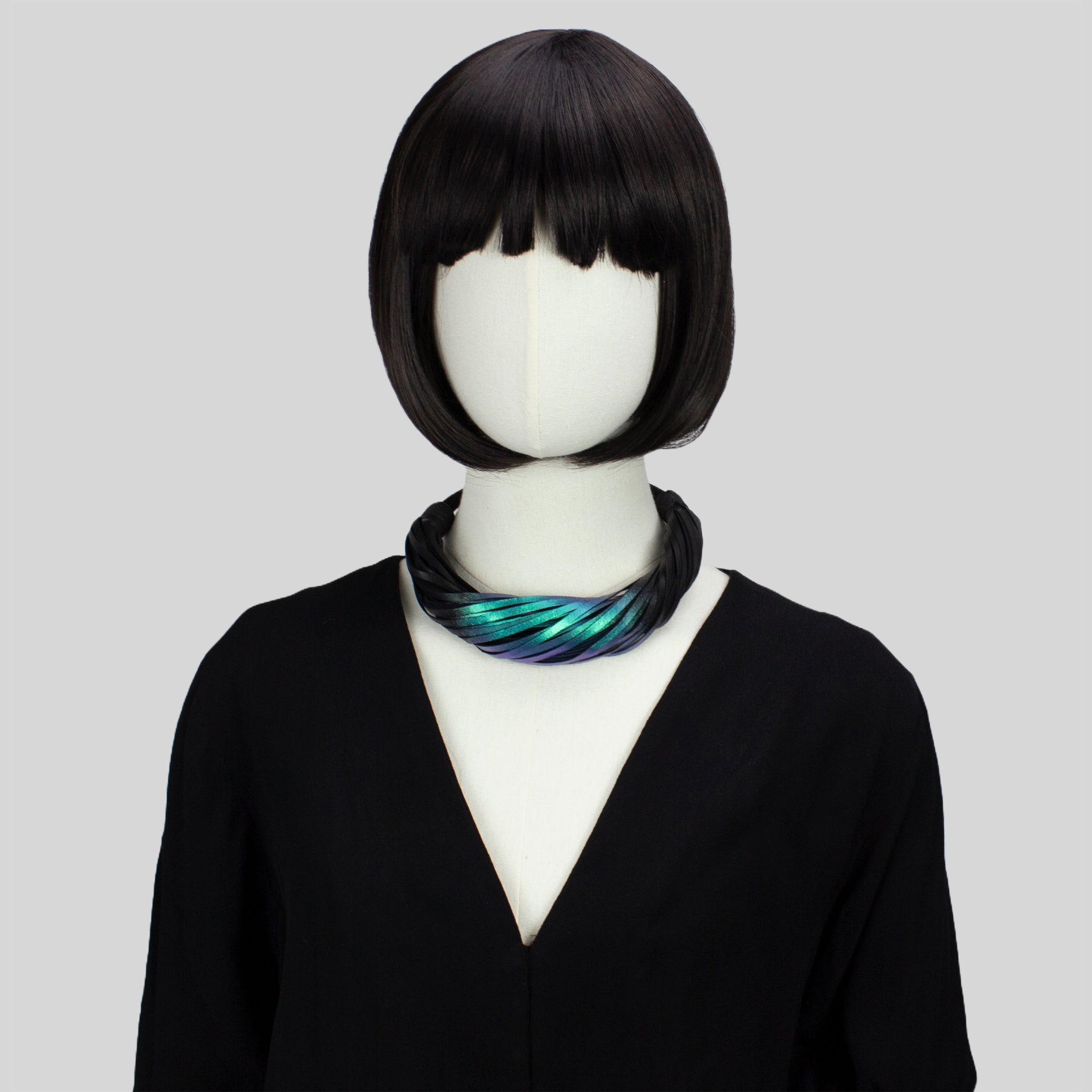 Multistrand recycled leather neckpiece / statement twisted fringe collar - black and turquoise