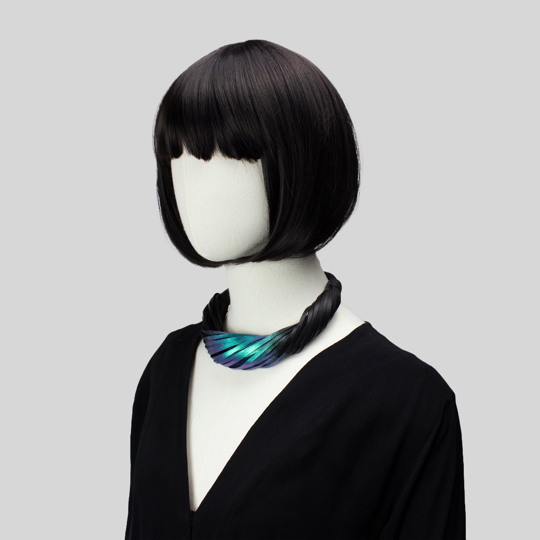 Multistrand recycled leather neckpiece / statement twisted fringe collar - black and turquoise