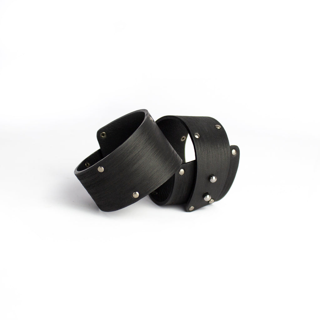 Genuine leather black cuff studded wide bracelet women's bangles