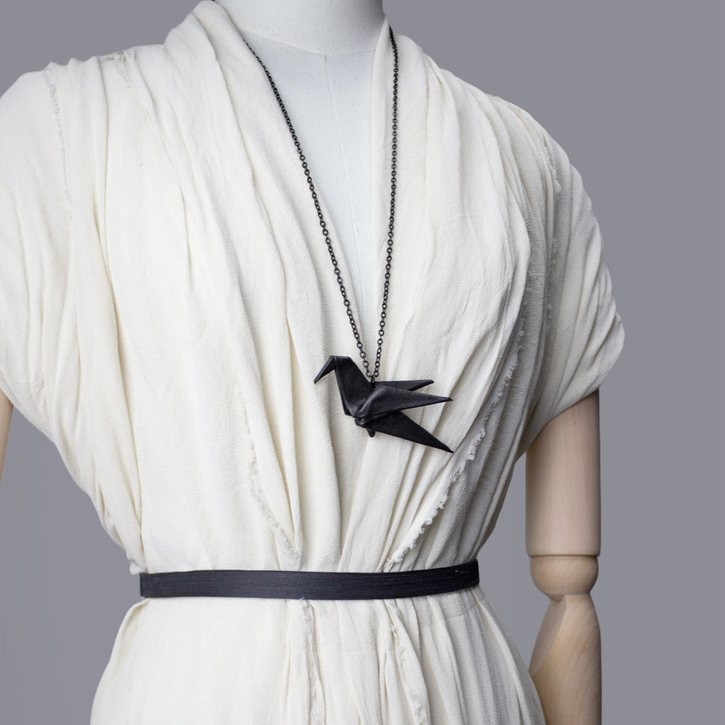 Genuine leather origami bird necklace black animal
