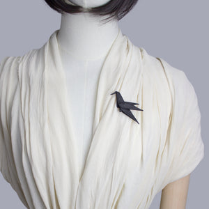 Genuine leather black origami bird pin, animal badge, geometric brooche