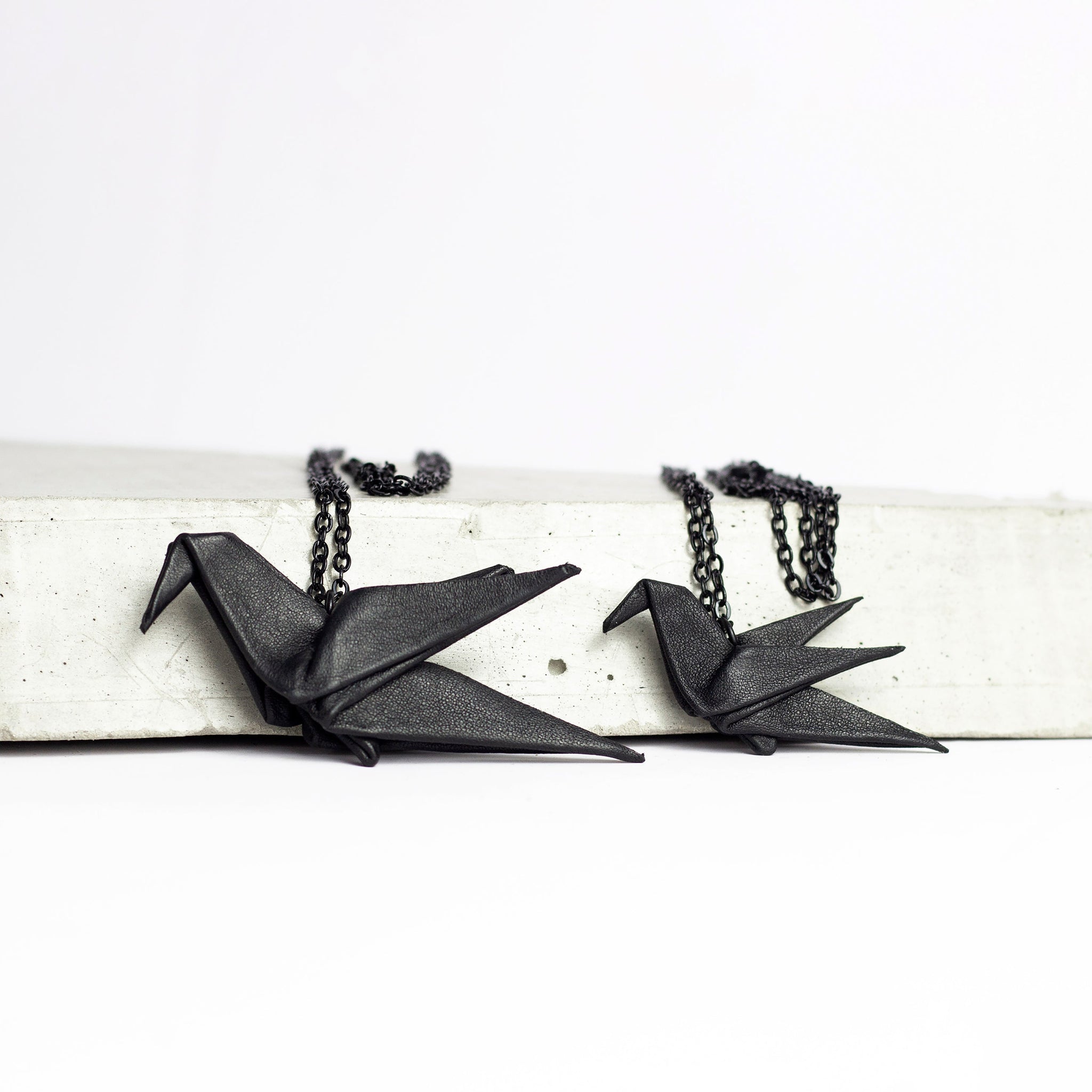 Genuine leather origami bird necklace black animal