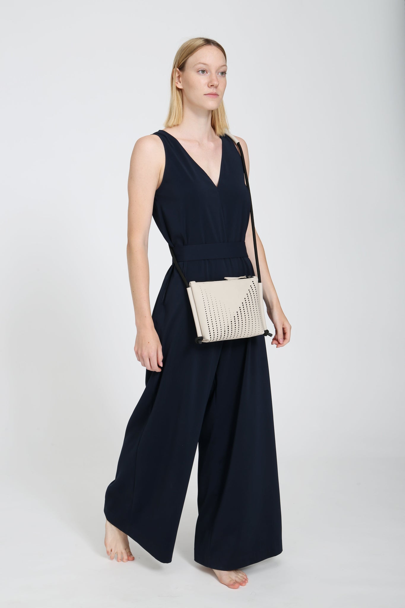 'DINA' Laser Cut Leather Shoulder Bag- Light Beige