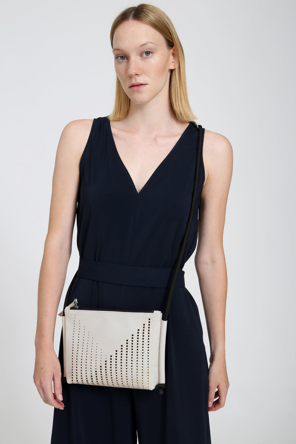 'DINA' Laser Cut Leather Shoulder Bag- Light Beige