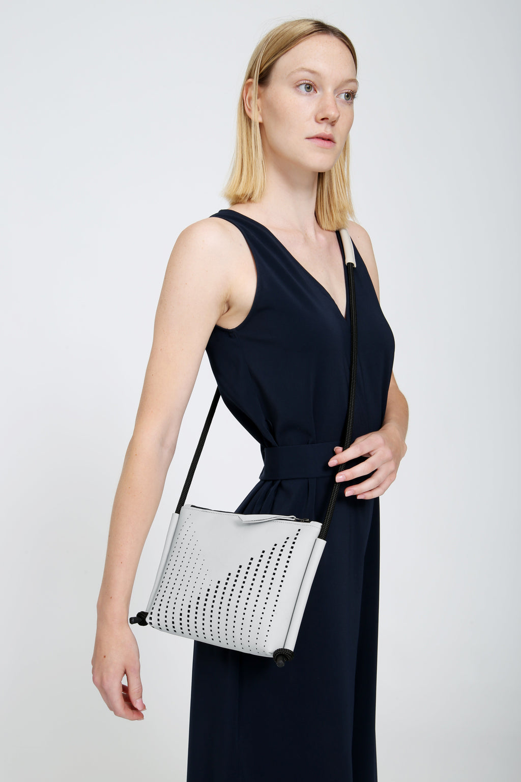 'DINA' Laser Cut Leather Shoulder Bag- Light Grey
