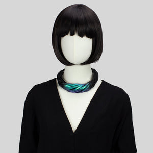 Mehrsträngiges Halsstück aus recyceltem Leder / Statement-Halsband mit gedrehten Fransen – Schwarz und Türkis