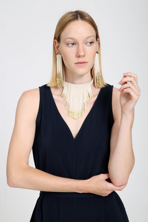 'NOBU' Beige Suede and Gold Leather Fringe Earrings