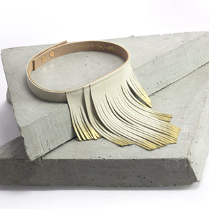 'NOBU' Beige and Gold Leather Fringe Necklace