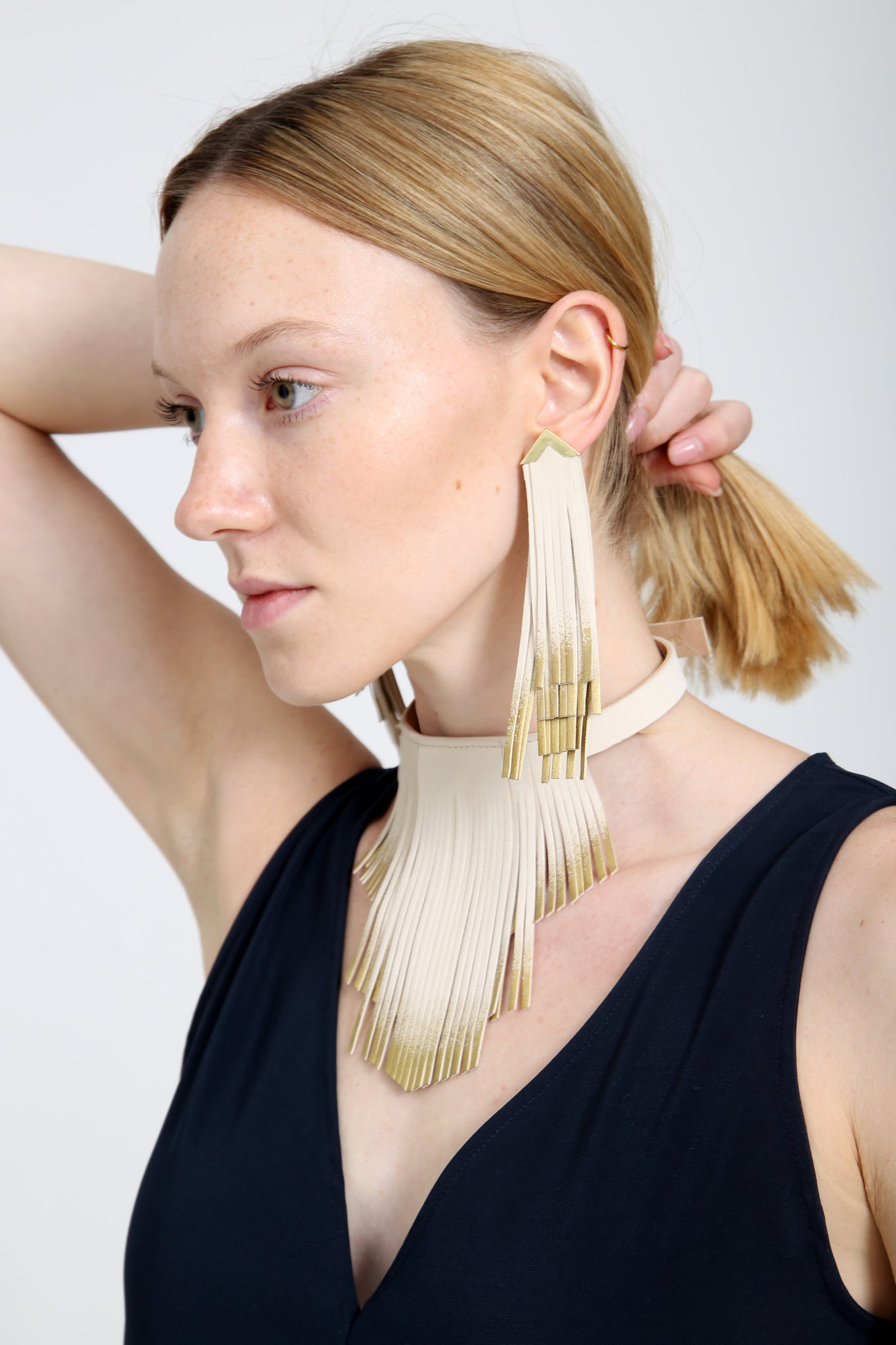 'NOBU' Beige Suede and Gold Leather Fringe Earrings