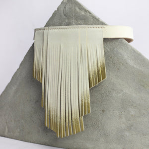 'NOBU' Beige and Gold Leather Fringe Necklace