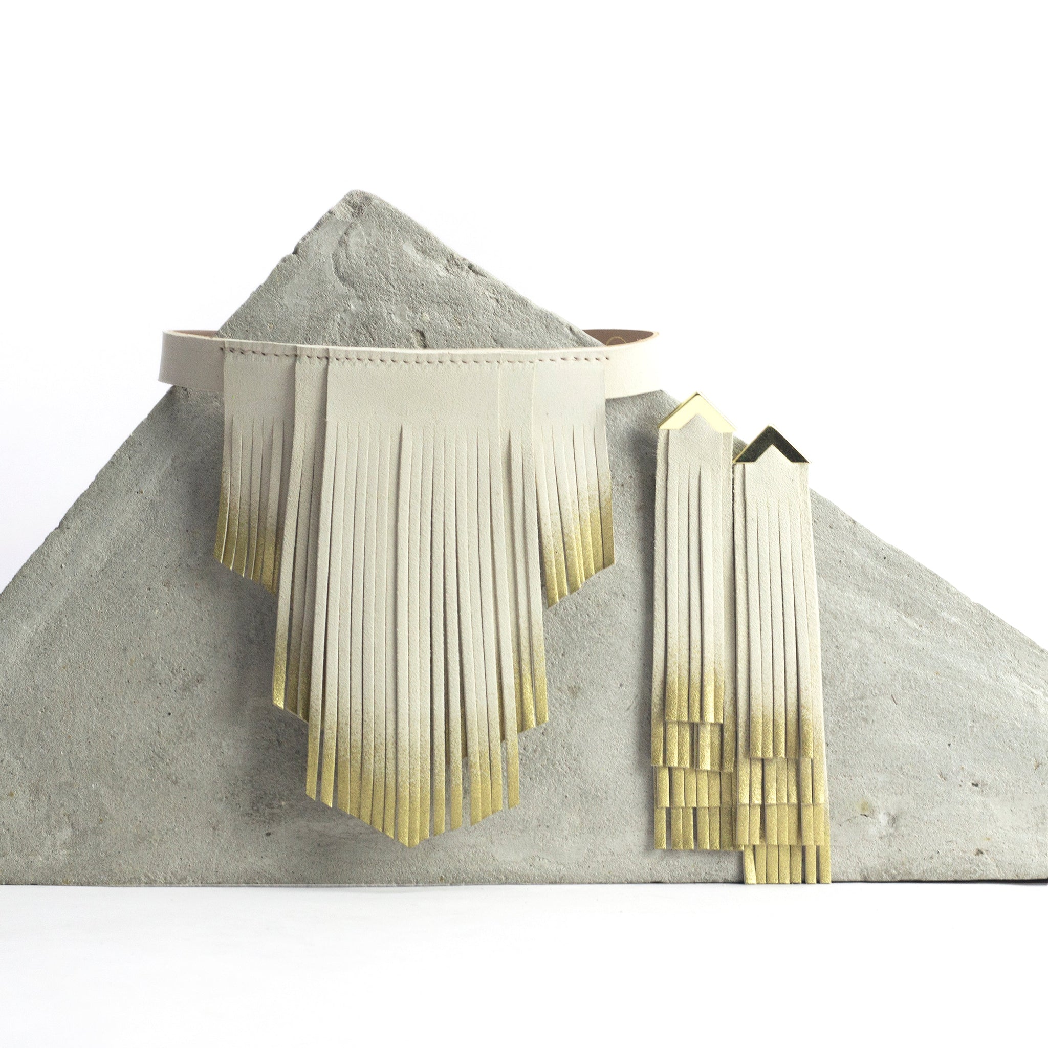 'NOBU' Beige Suede and Gold Leather Fringe Earrings