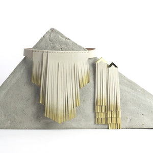 'NOBU' Beige Suede and Gold Leather Fringe Earrings