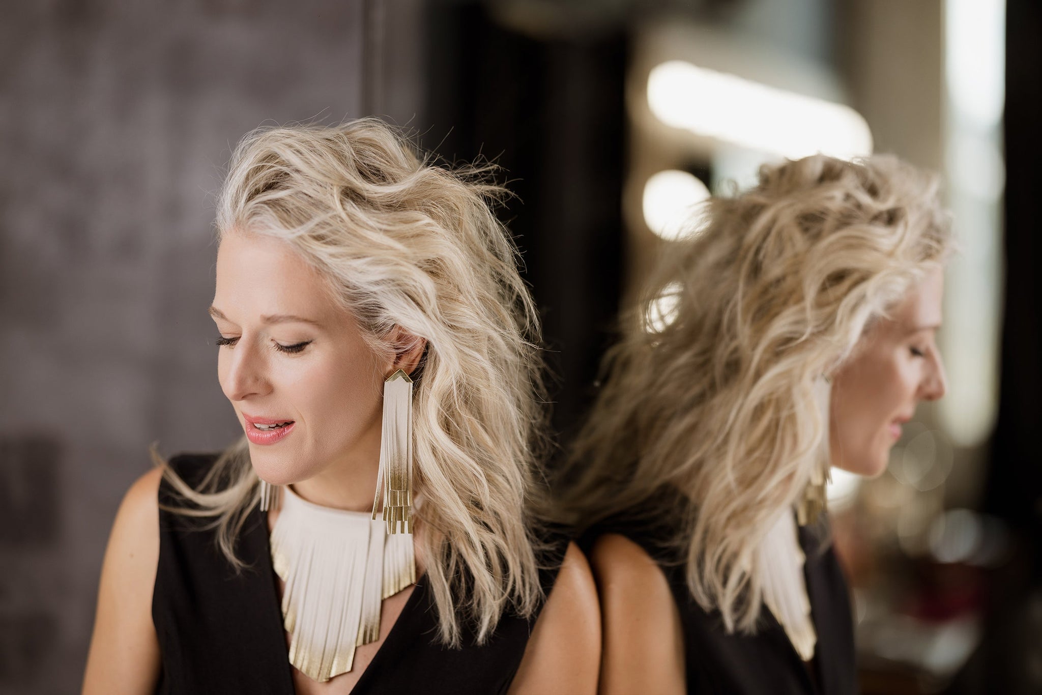 'NOBU' Beige Suede and Gold Leather Fringe Earrings
