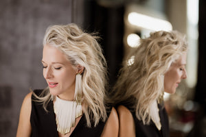 'NOBU' Beige Suede and Gold Leather Fringe Earrings