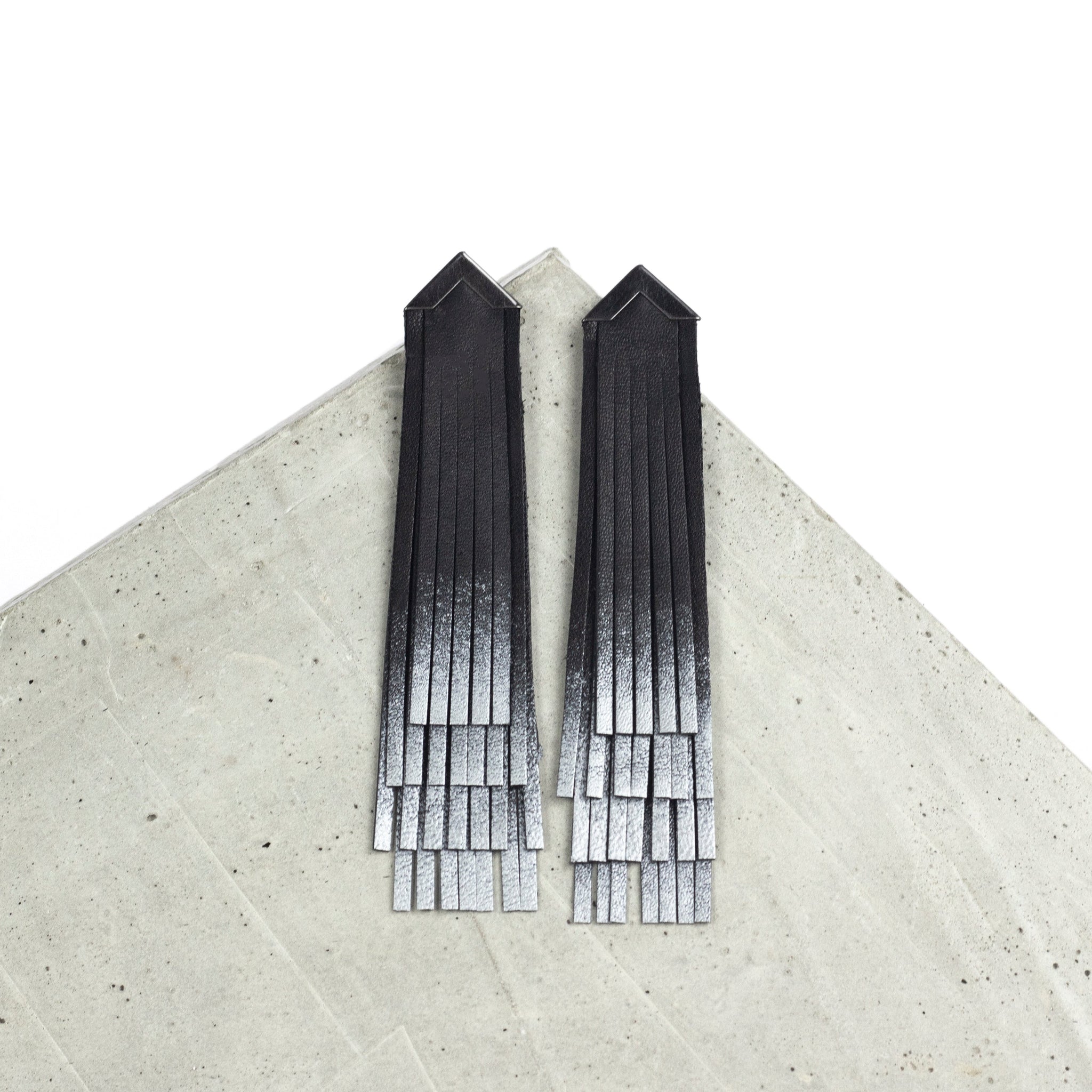 'NOBU' Black and Silver Leather Fringe Earrings