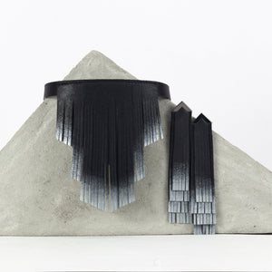 'NOBU' Black and Silver Leather Fringe Earrings