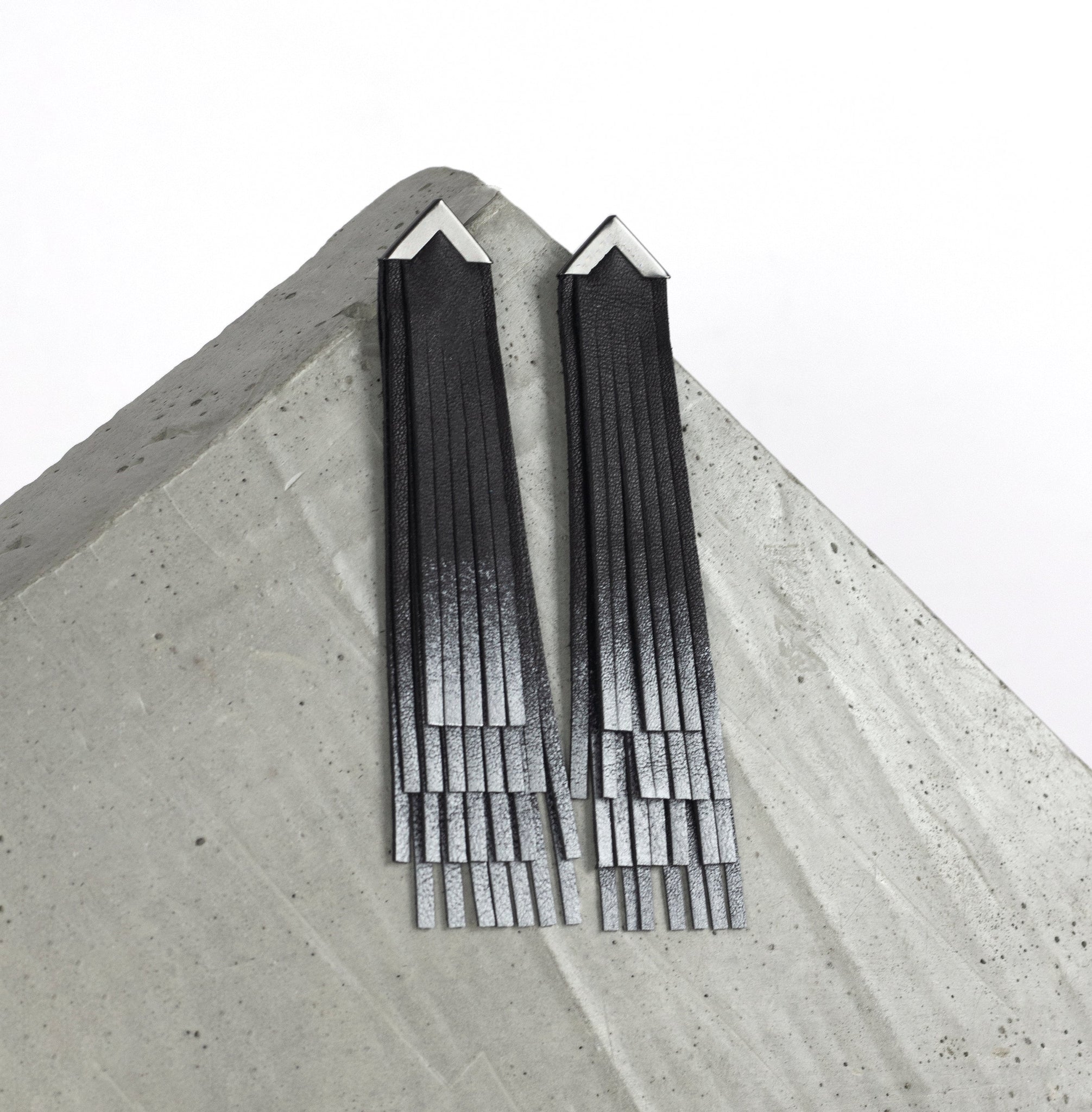 'NOBU' Black and Silver Leather Fringe Earrings