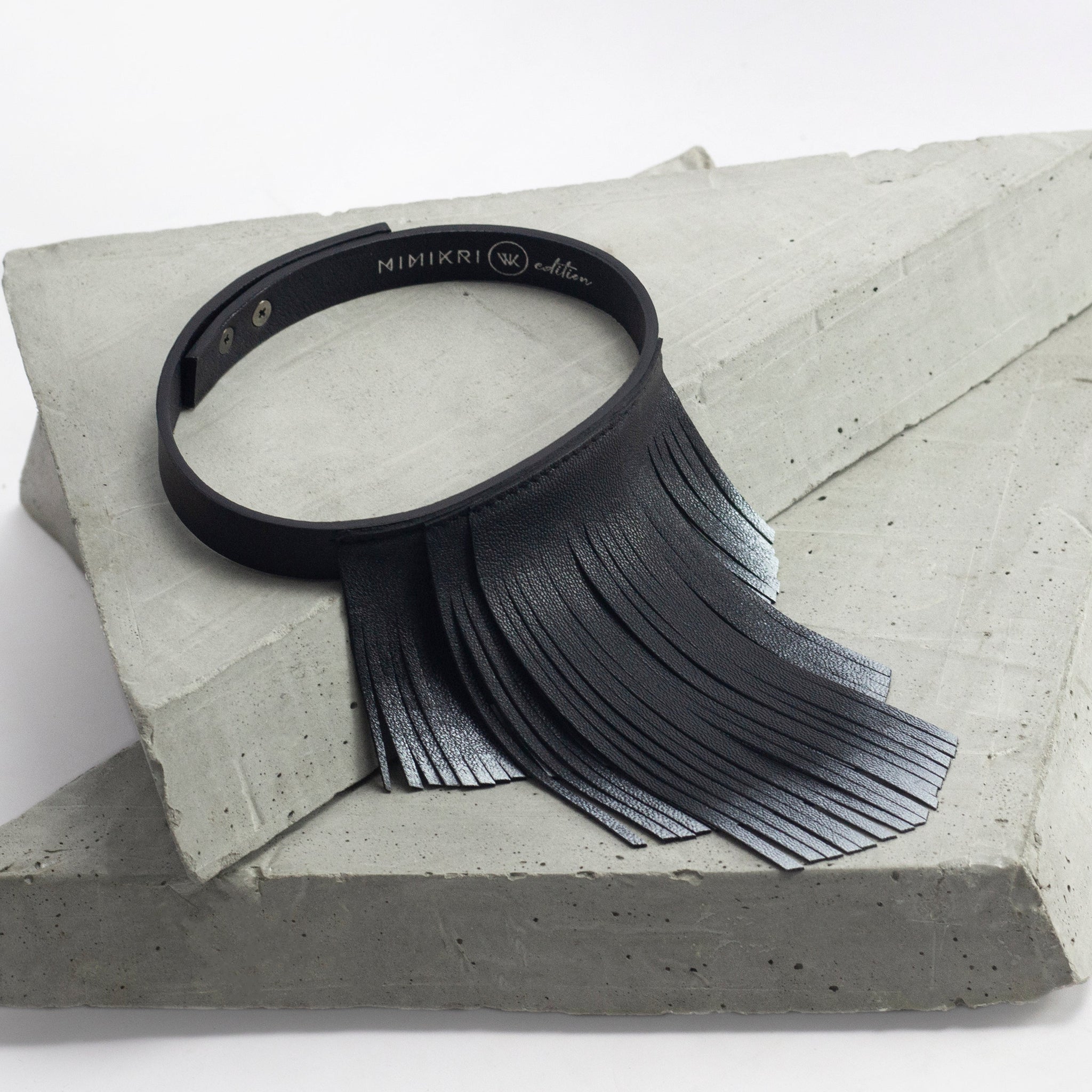 'NOBU' Black and Silver Leather Fringe Necklace
