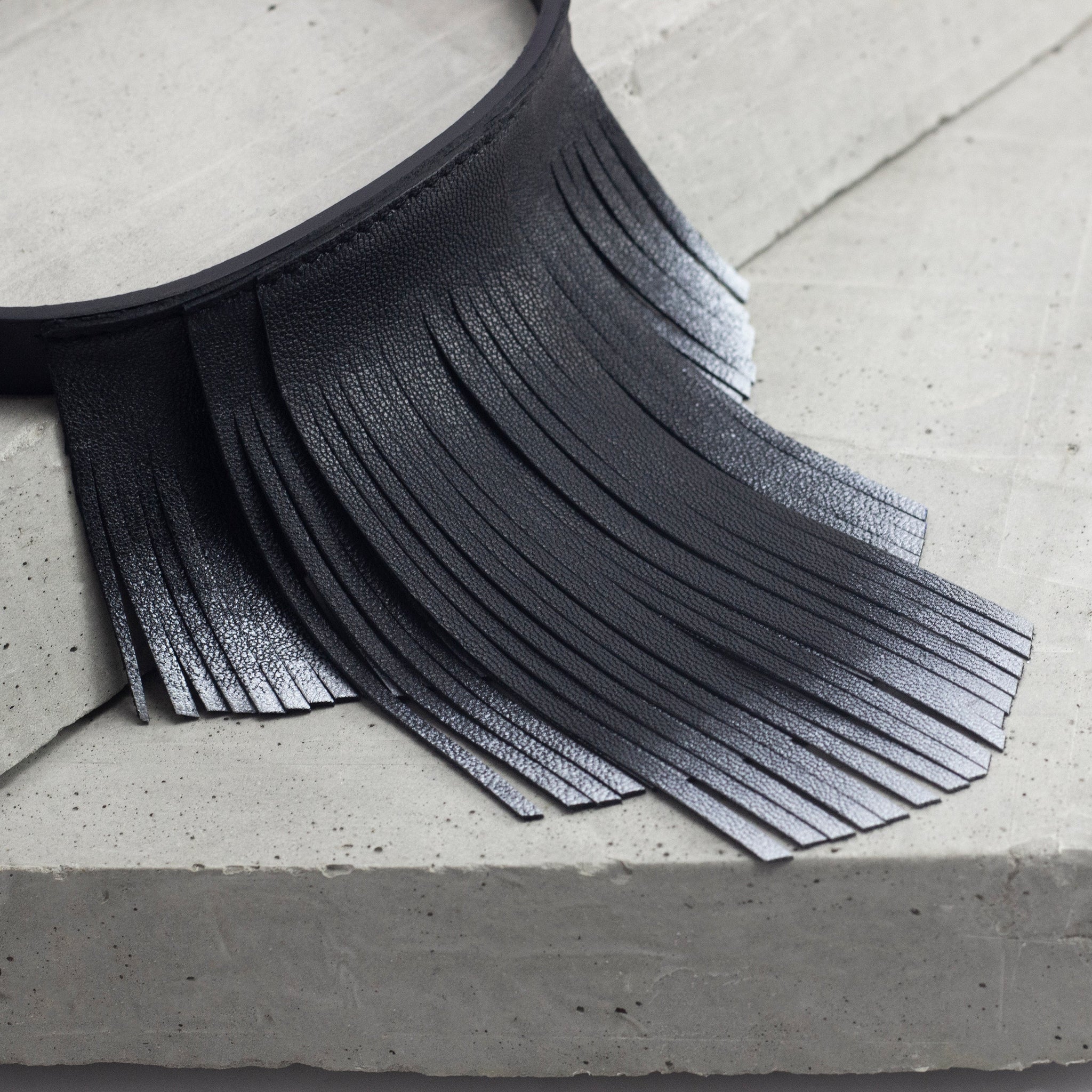 'NOBU' Black and Silver Leather Fringe Necklace