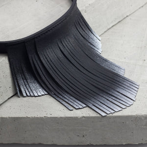 'NOBU' Black and Silver Leather Fringe Necklace