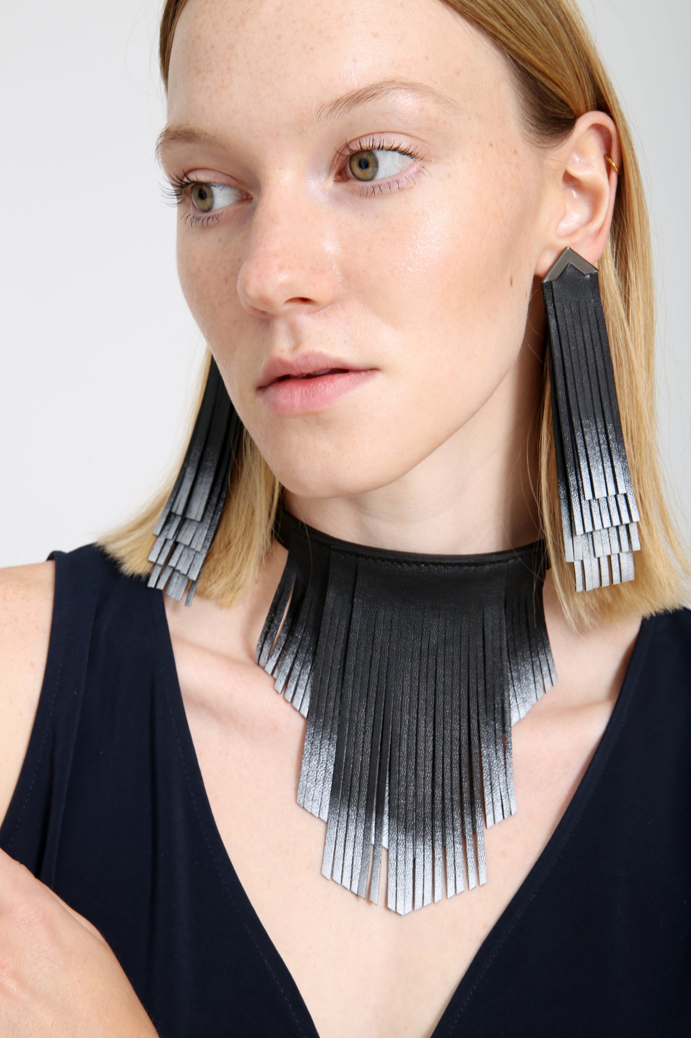 'NOBU' Black and Silver Leather Fringe Earrings