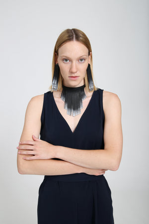 'NOBU' Black and Silver Leather Fringe Earrings