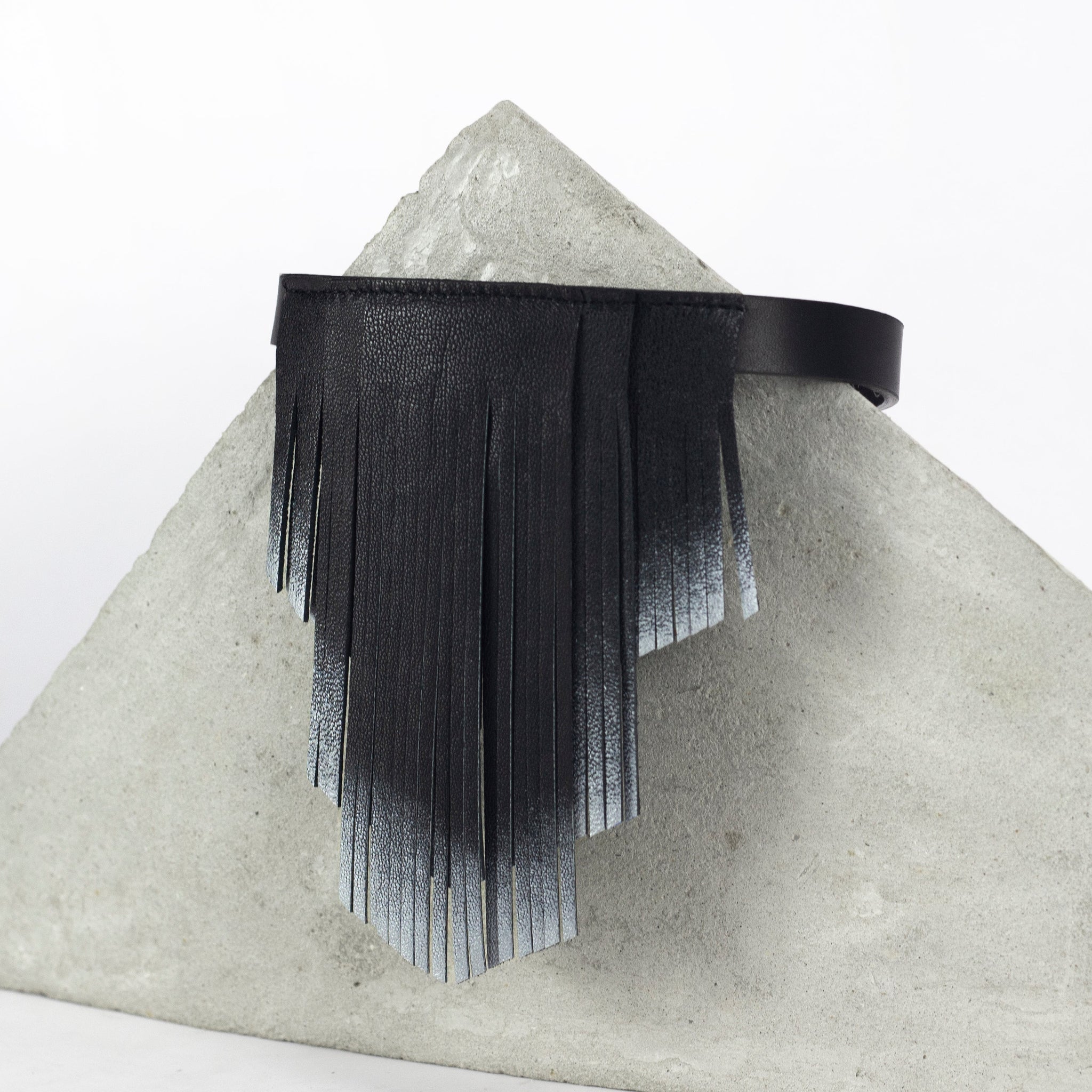 'NOBU' Black and Silver Leather Fringe Necklace