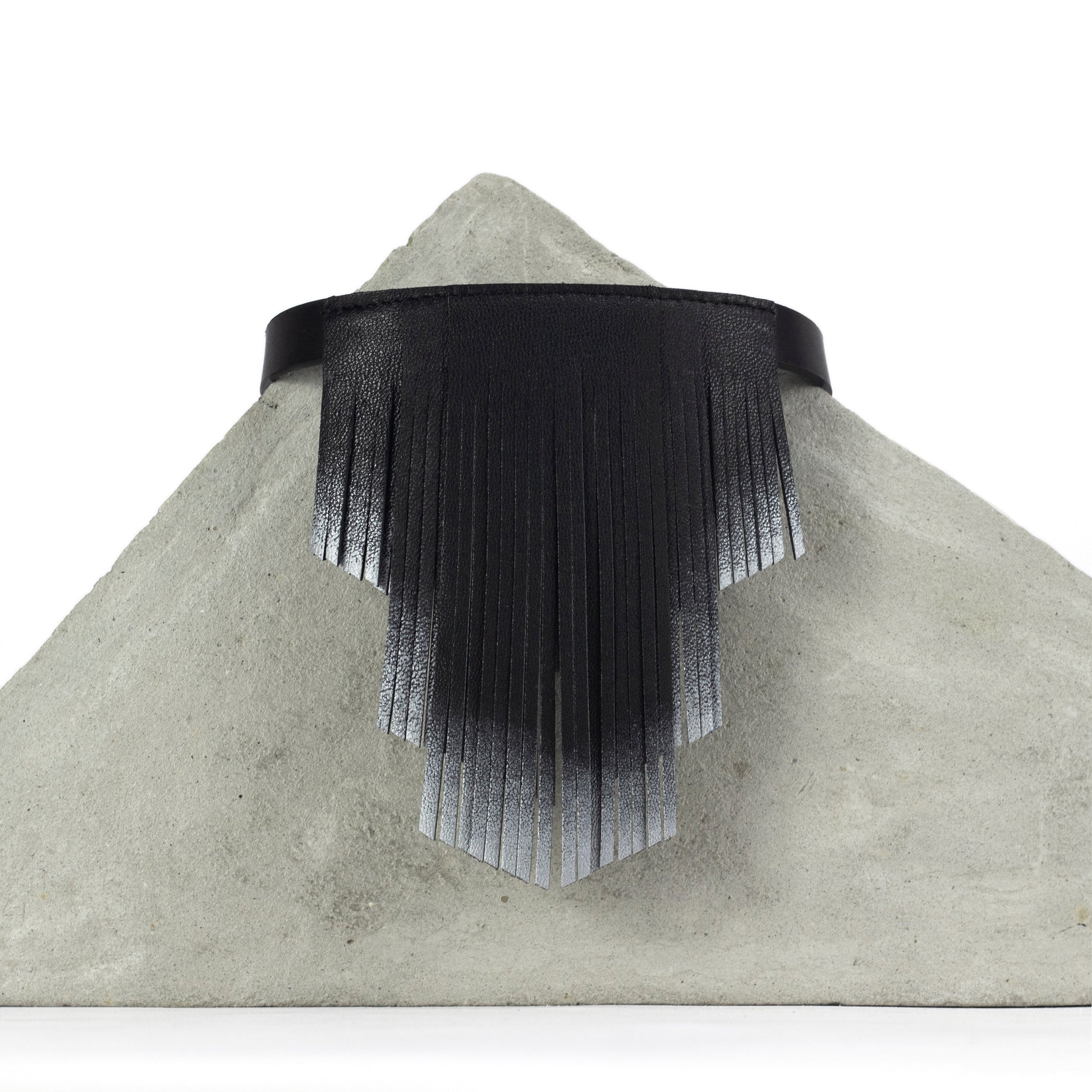 'NOBU' Black and Silver Leather Fringe Necklace