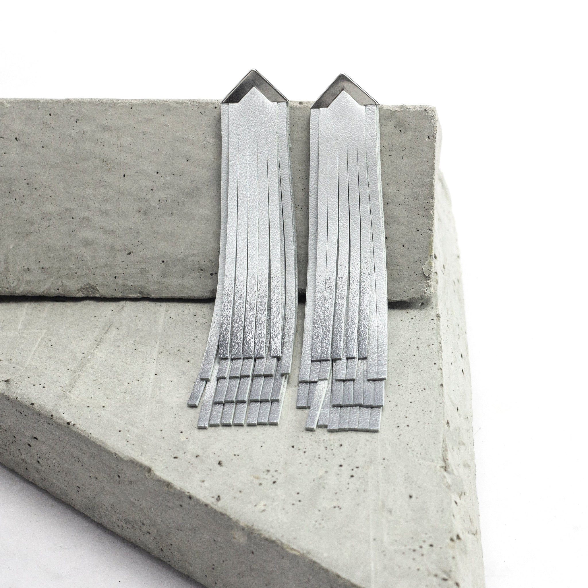 'NOBU' White and Silver Leather Fringe Earrings