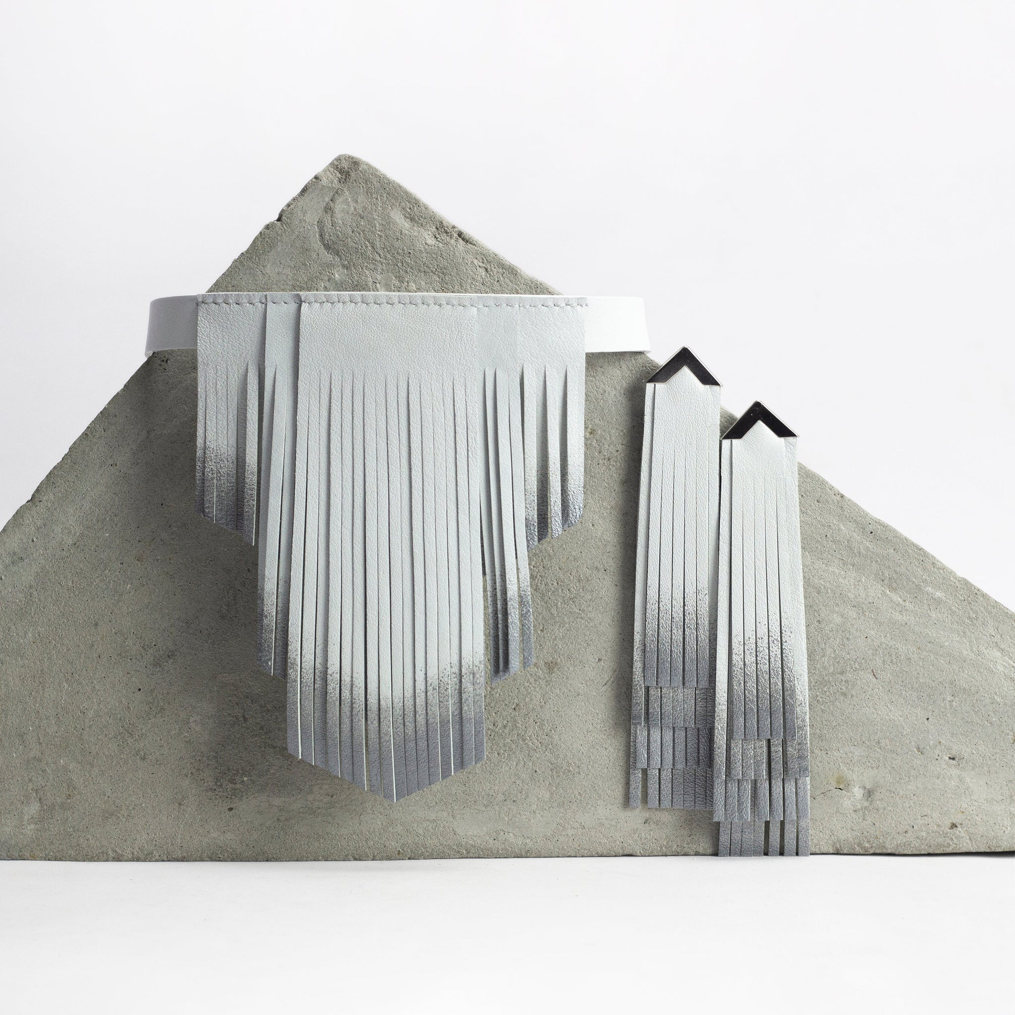 'NOBU' White and Silver Leather Fringe Necklace