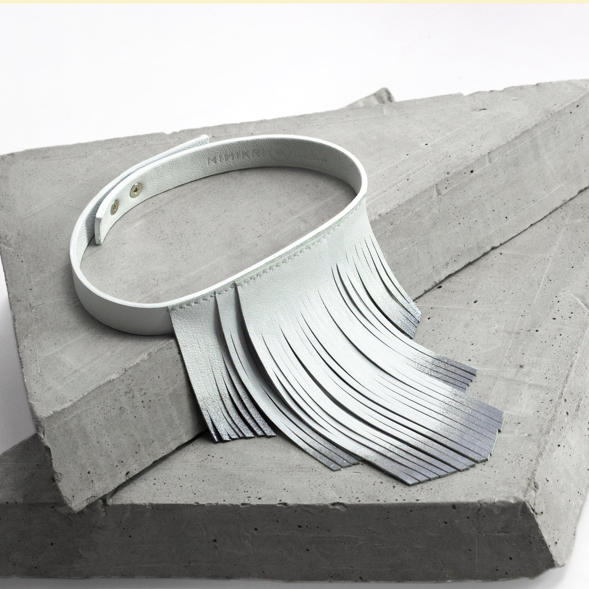 'NOBU' White and Silver Leather Fringe Necklace