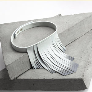 'NOBU' White and Silver Leather Fringe Necklace