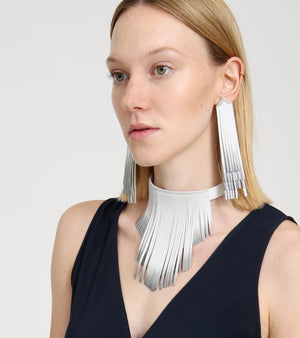'NOBU' White and Silver Leather Fringe Necklace