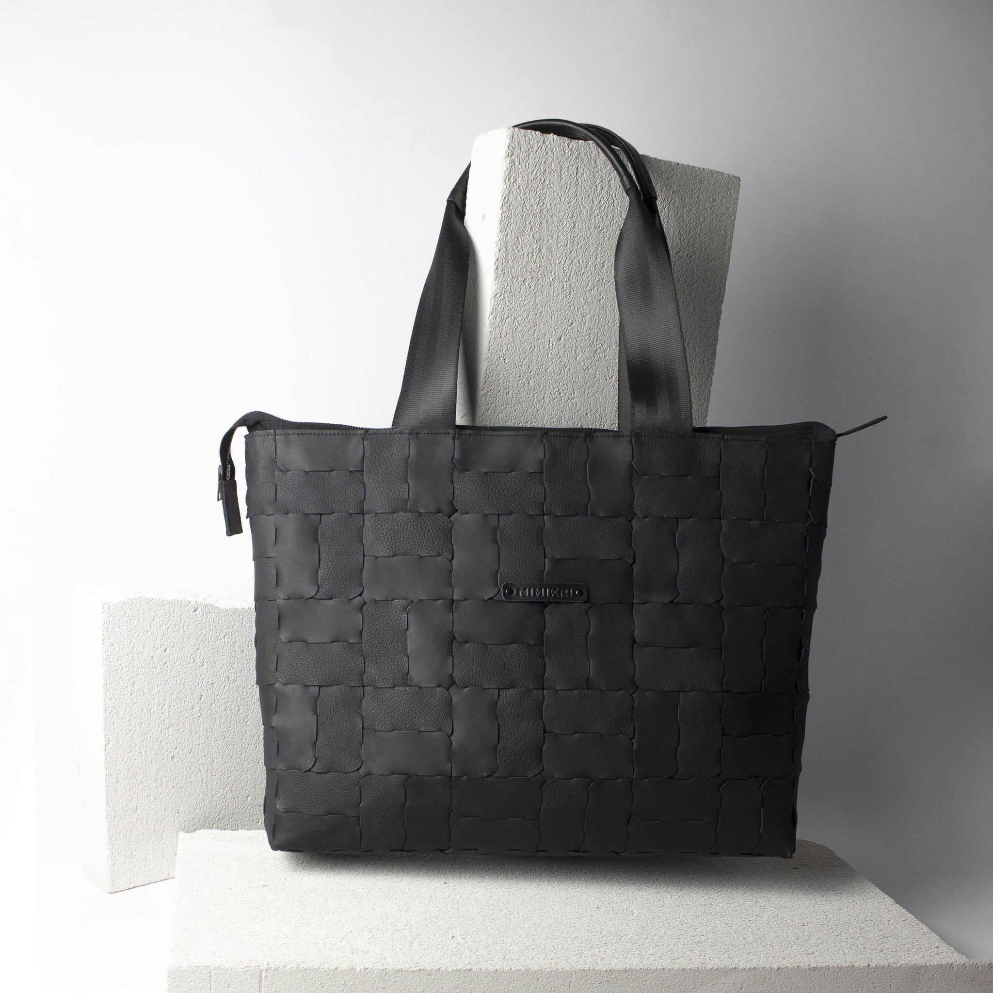 Designer shopper genuine leather / black recycled leather tote bag-designer, designer bag, geometric, hand_painted, handbag, leather bag, modular shopper, shoulder bag-Mimikri