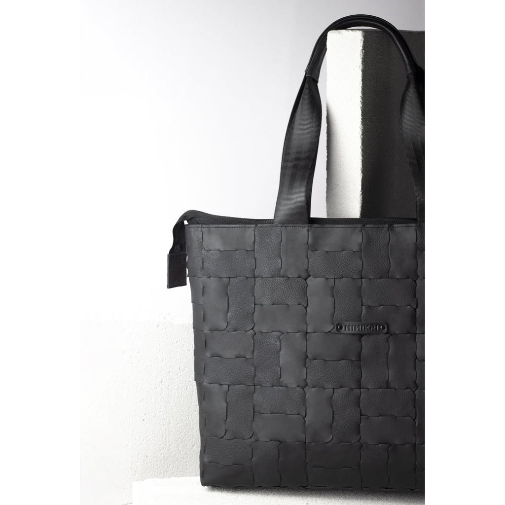 Designer shopper genuine leather / black recycled leather tote bag-designer, designer bag, geometric, hand_painted, handbag, leather bag, modular shopper, shoulder bag-Mimikri