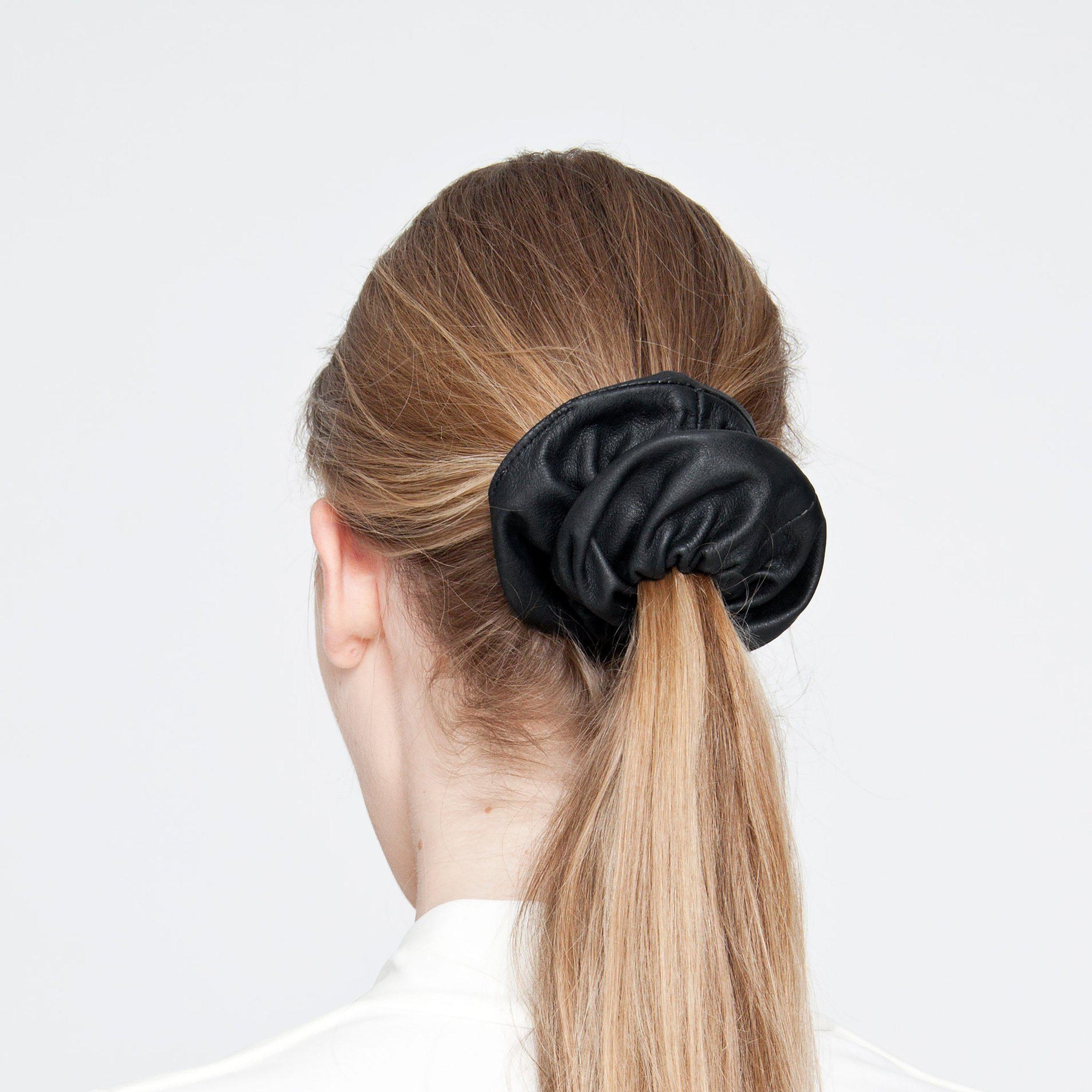 Leather scrunchie black - recycled leather hair tie-black, black leather, designer, designer jewelry, elastic, geometric, goth, hair accessory, hair jewelry, hair tie, leather jewelry, minimal, minimalist, Necklace, recycled, Recycled jewelry, recycled_leather, scrunchie, simple, tie, unique, vintage, wide-Mimikri