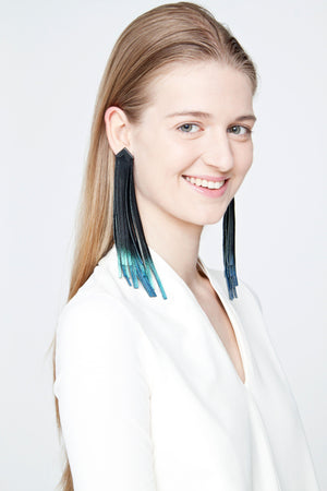 Turquoise leather tassel earring / designer statement jewellery / extra long fringe black and green