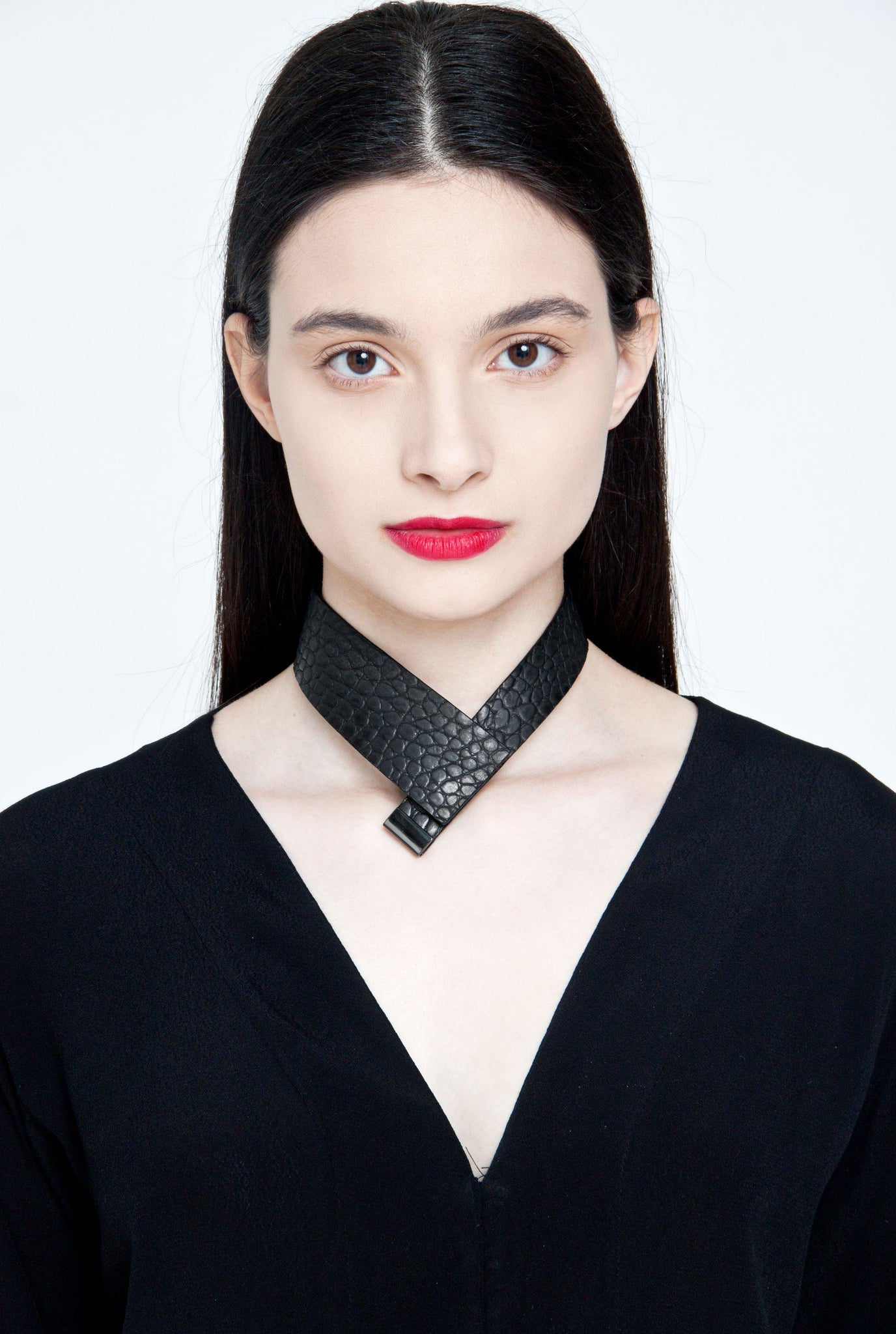 Black leather collar minimal choker geometric oriental style-adjustable, black, black leather, black necklace, choker, collar, crocodile, crocodile pattern, designer, designer jewelry, geometric, goth, Jewelry, leather choker, leather jewelry, leather necklace, minimal, minimalist, Necklace, pattern, recycled, Recycled jewelry, recycled_leather, simple, tie, unique, wide, wide necklace-Mimikri