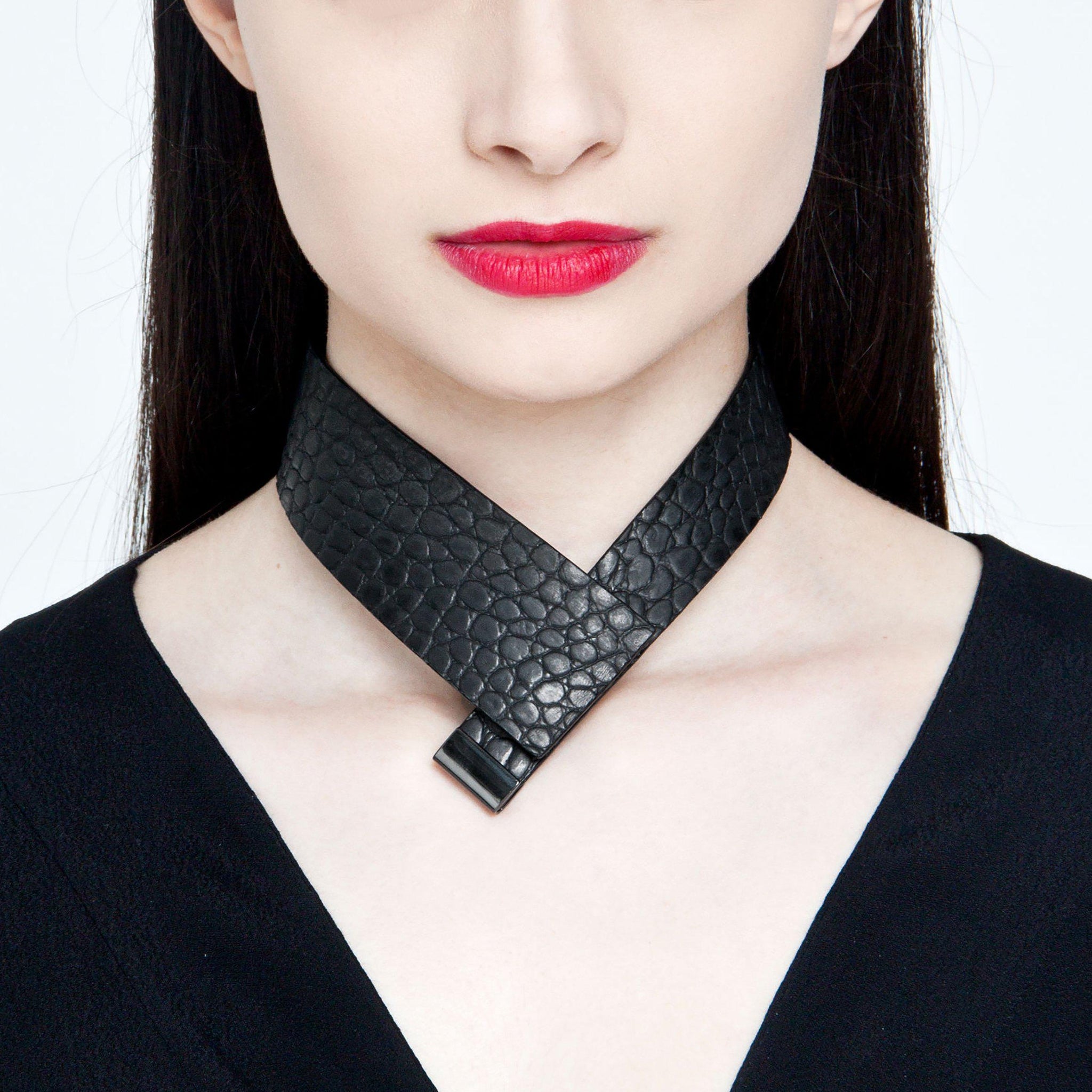 Black leather collar minimal choker geometric oriental style-adjustable, black, black leather, black necklace, choker, collar, crocodile, crocodile pattern, designer, designer jewelry, geometric, goth, Jewelry, leather choker, leather jewelry, leather necklace, minimal, minimalist, Necklace, pattern, recycled, Recycled jewelry, recycled_leather, simple, tie, unique, wide, wide necklace-Mimikri