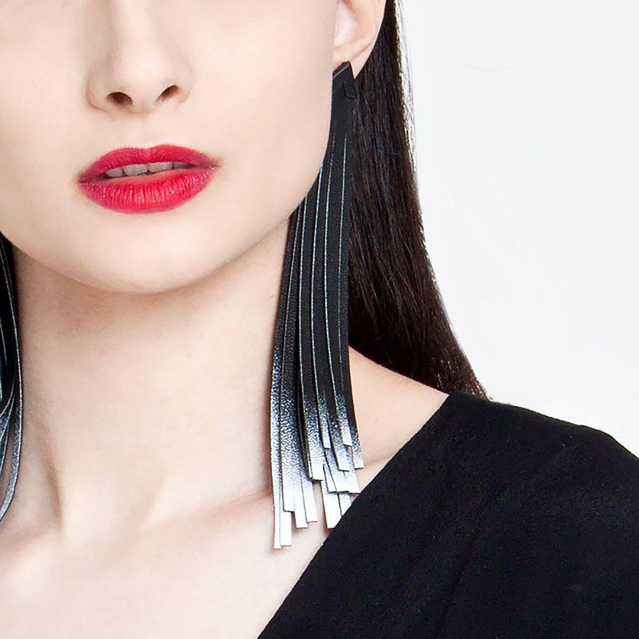 Genuine leather tassel earring / designer statement jewellery / extra long fringe black and white