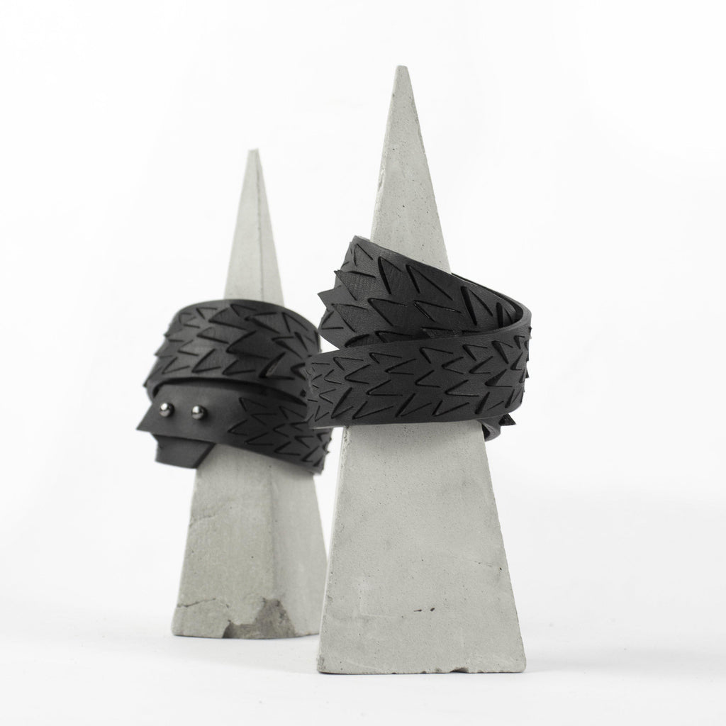 Black leather women's bracelet / wide bangles / double wrap cuff-adjustable, bangles, black and white, Bracelet, cuff, design, designer, designer jewelry, double_wrap, geometric, Jewelry, laser_cut, leather bracelet, leather jewelry, minimal, minimalist, minimalist bracelet, pangolin, white, white leather, wide bracelet, zerowaste-Mimikri