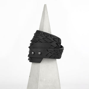 Black leather women's bracelet / wide bangles / double wrap cuff-adjustable, bangles, black and white, Bracelet, cuff, design, designer, designer jewelry, double_wrap, geometric, Jewelry, laser_cut, leather bracelet, leather jewelry, minimal, minimalist, minimalist bracelet, pangolin, white, white leather, wide bracelet, zerowaste-Mimikri