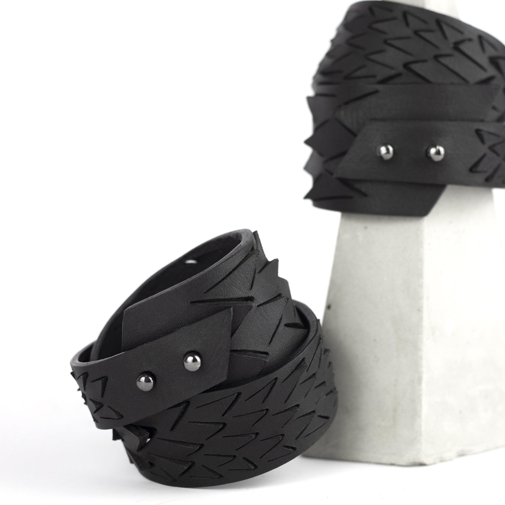 Black leather women's bracelet / wide bangles / double wrap cuff-adjustable, bangles, black and white, Bracelet, cuff, design, designer, designer jewelry, double_wrap, geometric, Jewelry, laser_cut, leather bracelet, leather jewelry, minimal, minimalist, minimalist bracelet, pangolin, white, white leather, wide bracelet, zerowaste-Mimikri