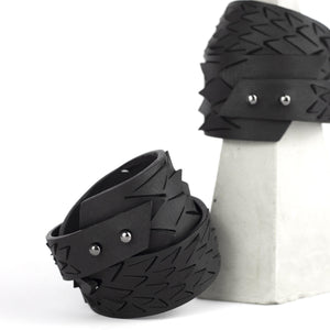 Black leather women's bracelet / wide bangles / double wrap cuff-adjustable, bangles, black and white, Bracelet, cuff, design, designer, designer jewelry, double_wrap, geometric, Jewelry, laser_cut, leather bracelet, leather jewelry, minimal, minimalist, minimalist bracelet, pangolin, white, white leather, wide bracelet, zerowaste-Mimikri