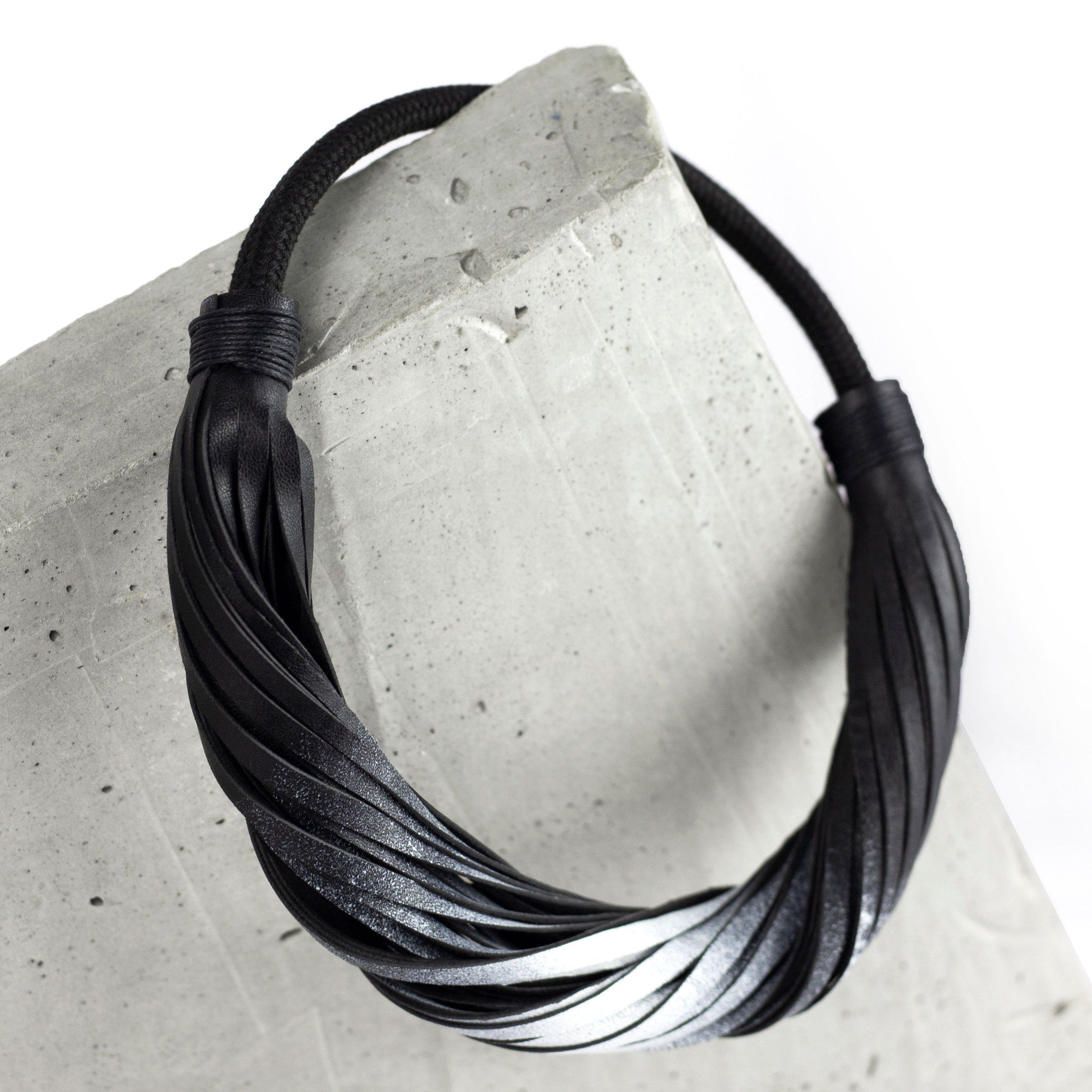 Multistrand recycled leather neckpiece / statement twisted fringe collar - black and white-adjustable, black, black leather necklace, black necklace, bold, choker, collar, designer, designer jewelry, Jewelry, knotted, leather choker, leather jewelry, leather necklace, minimal, minimalist, multistrand, Necklace, recycled, recycled jewelry, string, strips, thick, tie, unique-Mimikri