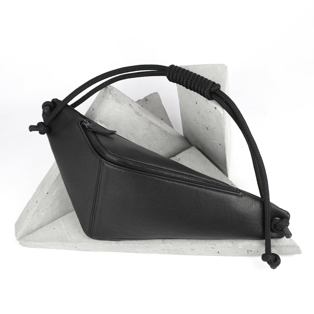 THEO Black leather triangle-shaped bum bag-black leather bag, black nubuck, black_leather, bum_bag, crossbody, designer, festival, geometric, leather crossbody, leather festival bag, men's bum bag, minimal, minimalist, monochrome, recycled_leather, rope, triangle, unisex bum bag, waist_bag-Mimikri