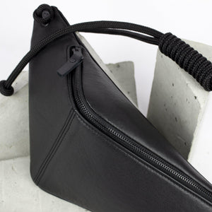 THEO Black leather triangle-shaped bum bag-black leather bag, black nubuck, black_leather, bum_bag, crossbody, designer, festival, geometric, leather crossbody, leather festival bag, men's bum bag, minimal, minimalist, monochrome, recycled_leather, rope, triangle, unisex bum bag, waist_bag-Mimikri