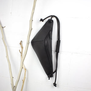 THEO Black leather triangle-shaped bum bag-black leather bag, black nubuck, black_leather, bum_bag, crossbody, designer, festival, geometric, leather crossbody, leather festival bag, men's bum bag, minimal, minimalist, monochrome, recycled_leather, rope, triangle, unisex bum bag, waist_bag-Mimikri