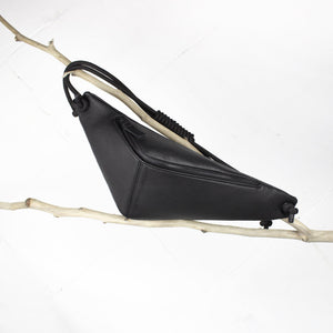 THEO Black leather triangle-shaped bum bag-black leather bag, black nubuck, black_leather, bum_bag, crossbody, designer, festival, geometric, leather crossbody, leather festival bag, men's bum bag, minimal, minimalist, monochrome, recycled_leather, rope, triangle, unisex bum bag, waist_bag-Mimikri